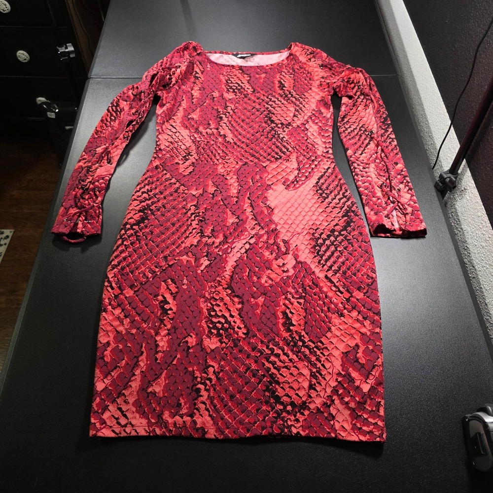 Project Runway Red Snakeskin Print Long Sleeve Sheath Dress Lace Up Cuffs Medium